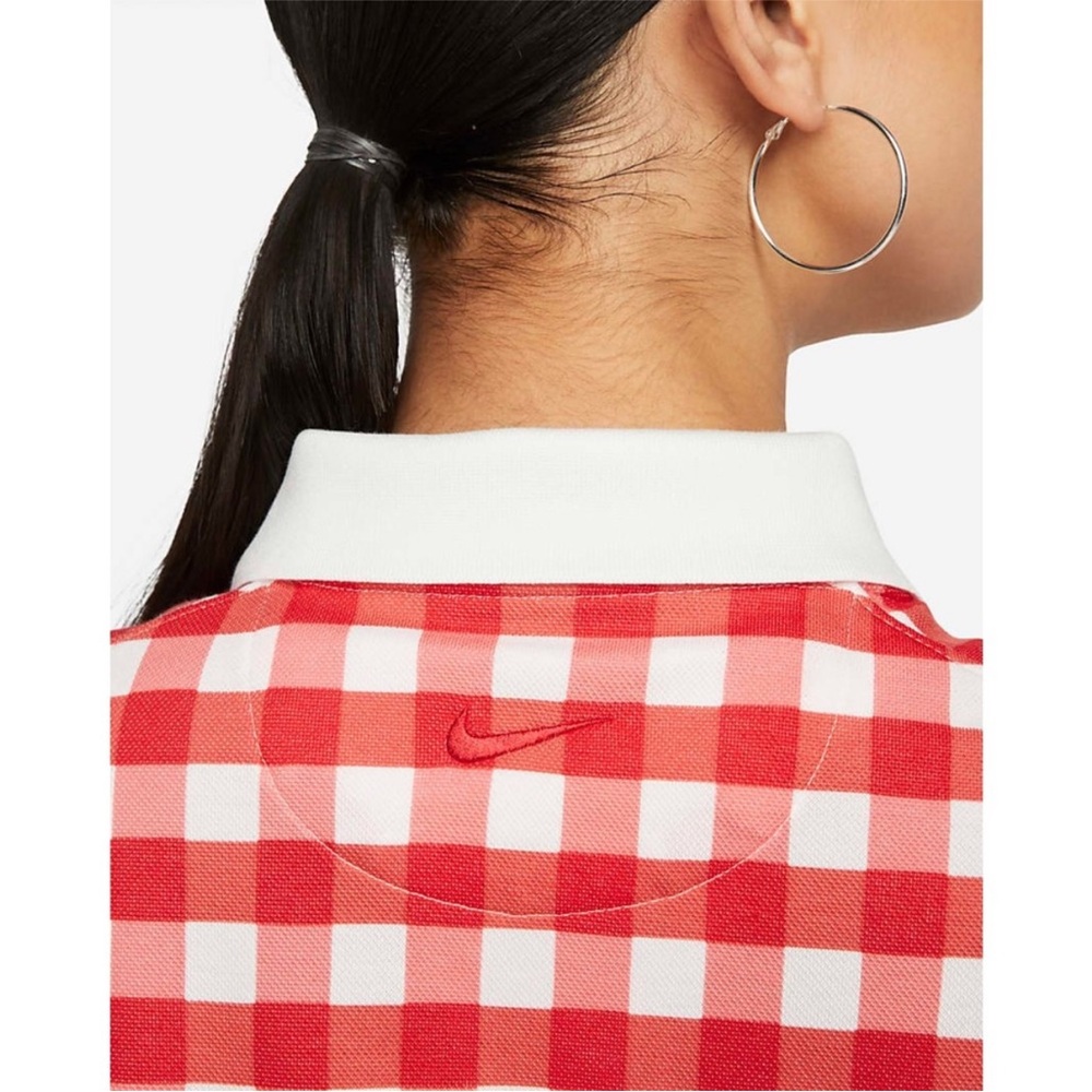 The Nike Polo Golf Dri-Fit Red White Plaid Loose Fit Cropped Polo Shirt Top L - Picture 5 of 14